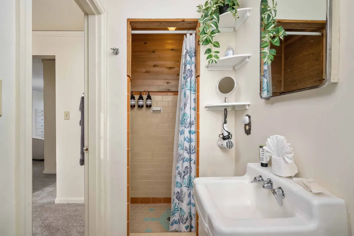 A bright, modern bathroom with a large mirror, sink, walk-in shower, and decorative shelving with plants, offering a calming atmosphere for morning and evening routines.